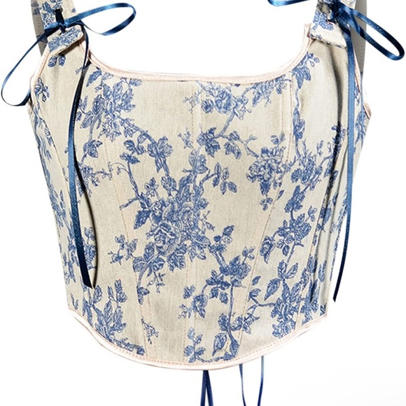 Blue Cream Floral Tapestry Corset Lace Up Top, Y2K inspired, NWT - Picture 2 of 7